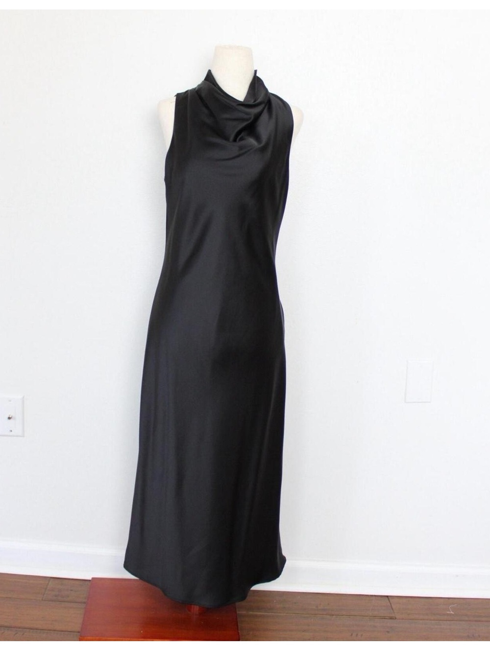 Antonio Melani Black satin marine sleeveless midi dress with cowl neckline. Sz 4